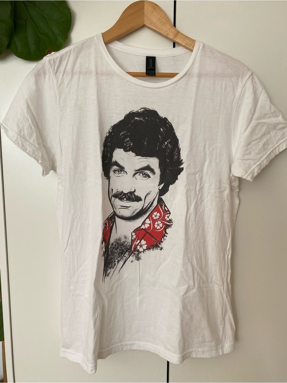 Gildan White Crew Neck Tee with Black Portrait and Red Floral Accent